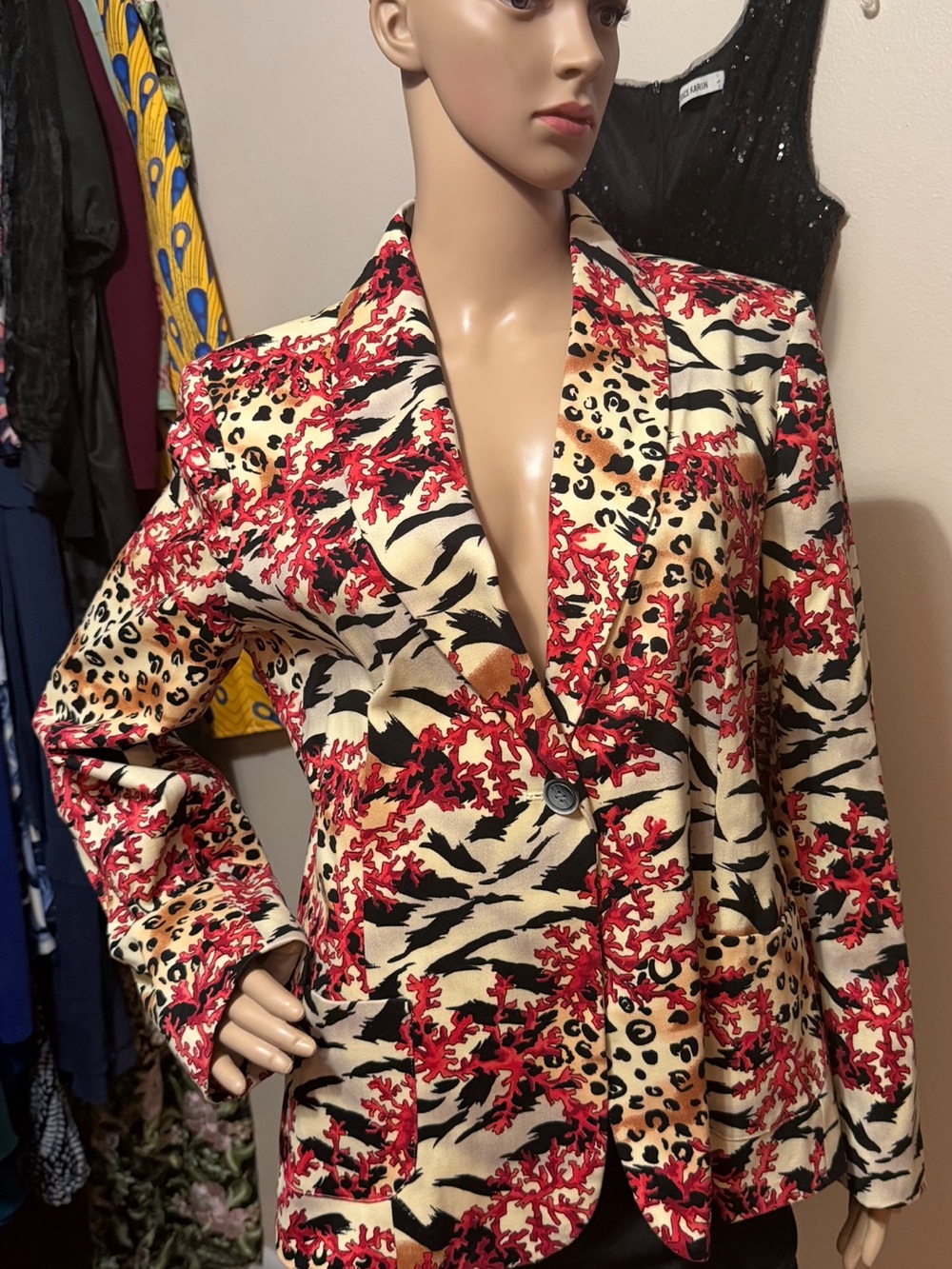 Vintage Bern and Mort Bold Red Floral Animal-Print Tailored Blazer Jacket